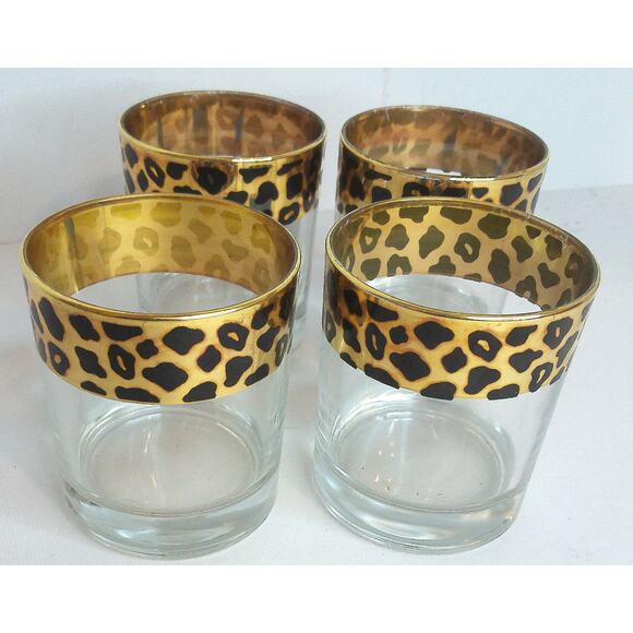 Vintage Circleware Leopard Print Old Fashioned Glass Made In Italy Set of 4 READ - Picture 2 of 6